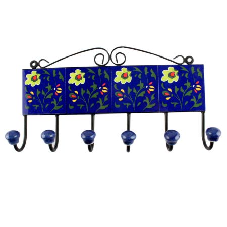 Navy Blue Floral Ceramic Tile Hook